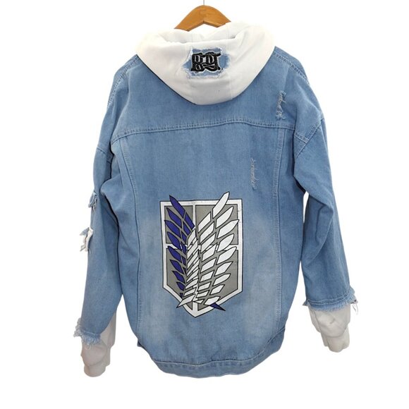 Anime Denim Hoodie Jacket Blue XL Fits M/L Streetwear Grunge Layered Look - Picture 4 of 9